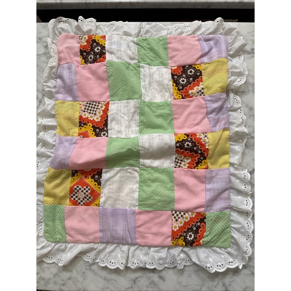 Vintage 70's Handmade Child's Quilt Blanket Multicolor Tied Squares.  18" X 22"